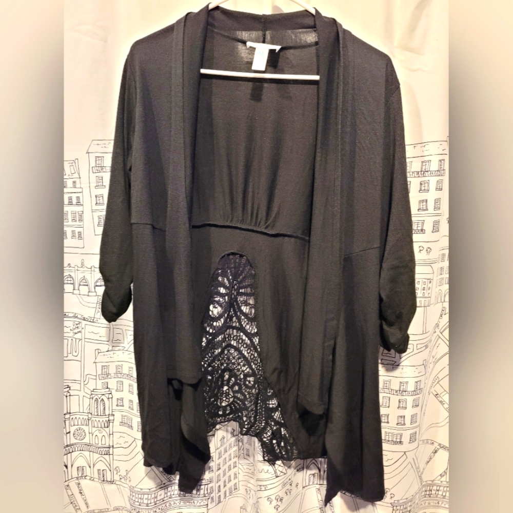 EUC Just Be Short Sleeve Lace Cut Out Black Layering Top Size Medium - Picture 1 of 5